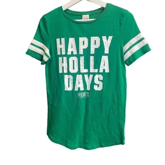 Victoria's Secret Tops - Victorias Secret PINK sz XS ~HAPPY HOLLA DAYS~ Tee-shirt Green/white